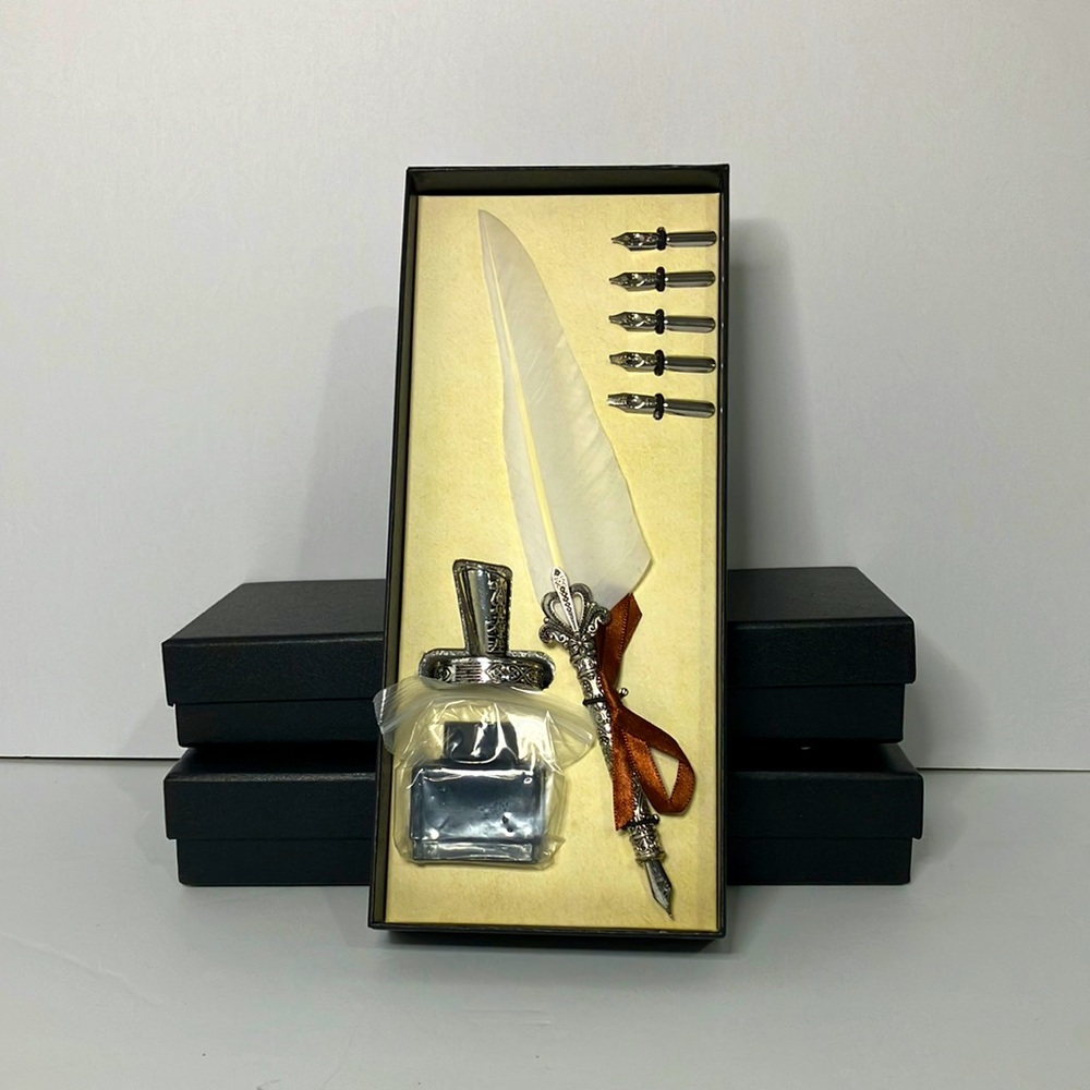Ornate feather Calligraphy set with ink, 6 interchangeable nibs. Wedding ready